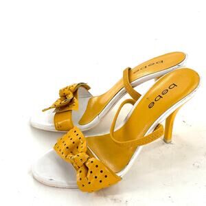 Bebe Perforated Mules Heels 5.5 Yellow Leather Sandals Glam Cocktail Resort